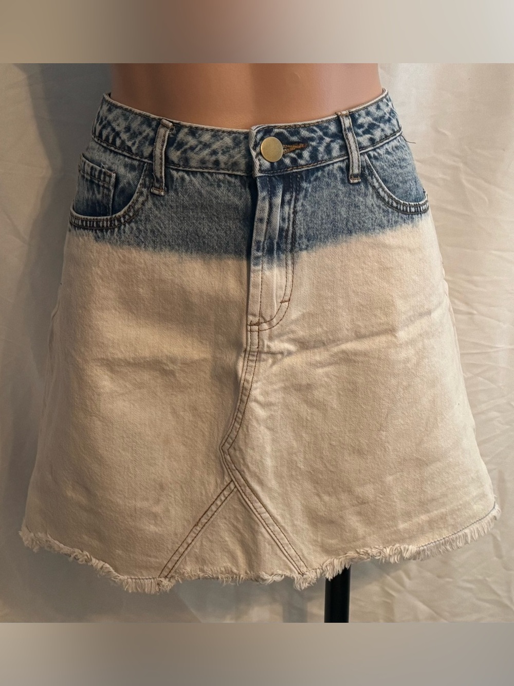 Two-Tone Ombré Denim A-Line Skirt - Blue & Cream Raw Hem Denim